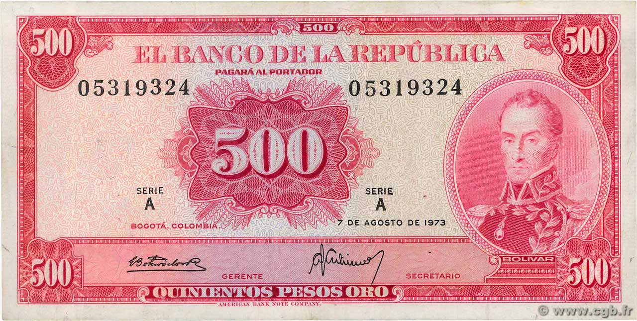 500 Pesos Oro KOLUMBIEN  1973 P.416 SS