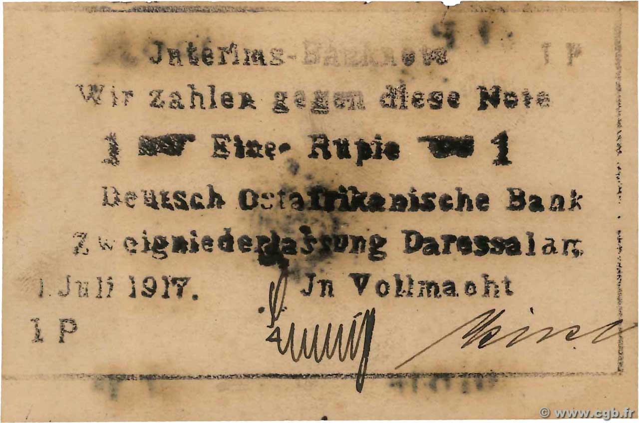 1 Rupie Deutsch Ostafrikanische Bank  1917 P.22f SPL