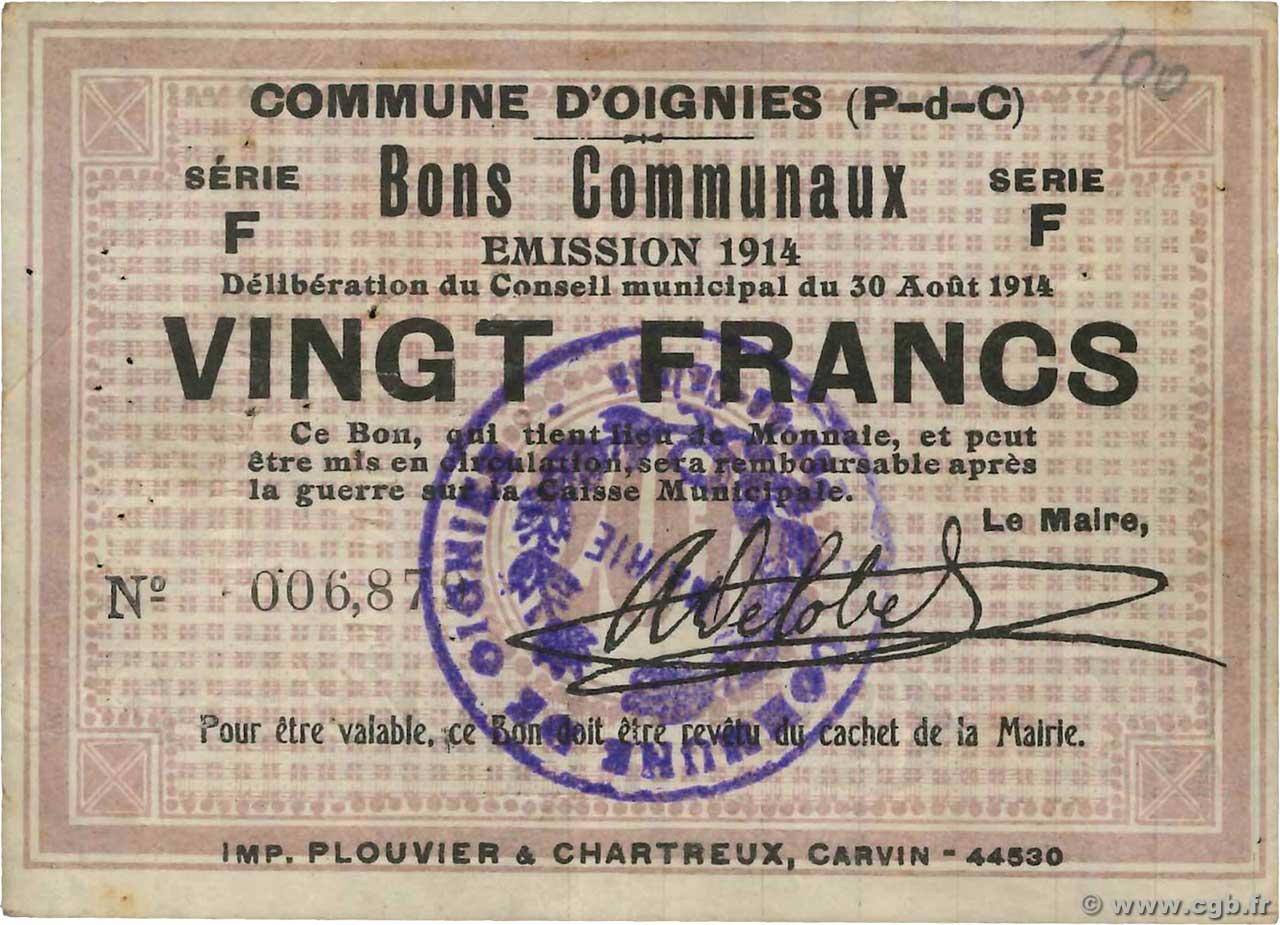 20 Francs FRANCE regionalismo y varios Oignies 1914 JP.62-1059 MBC