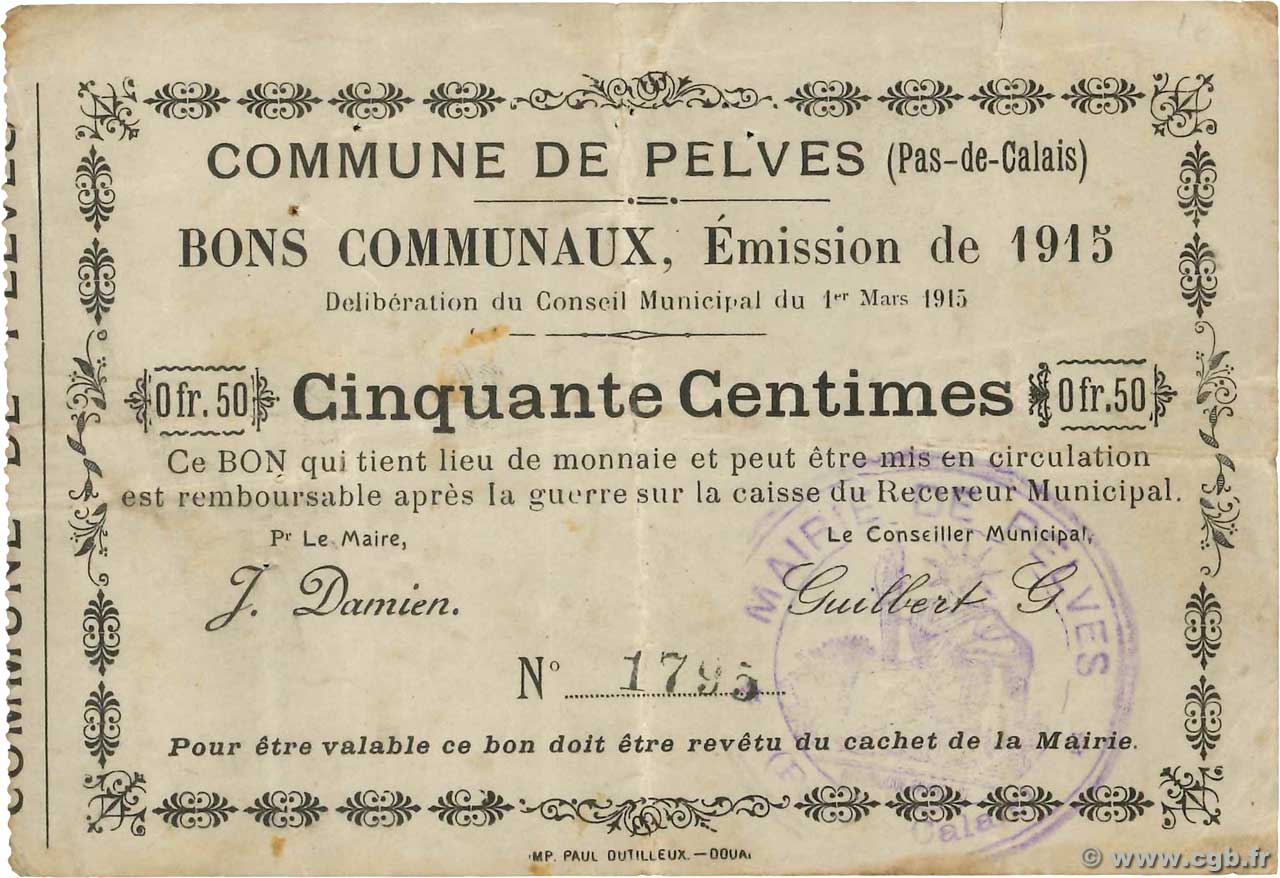 50 Centimes FRANCE regionalismo e varie Pelves 1915 JP.62-1113 BB