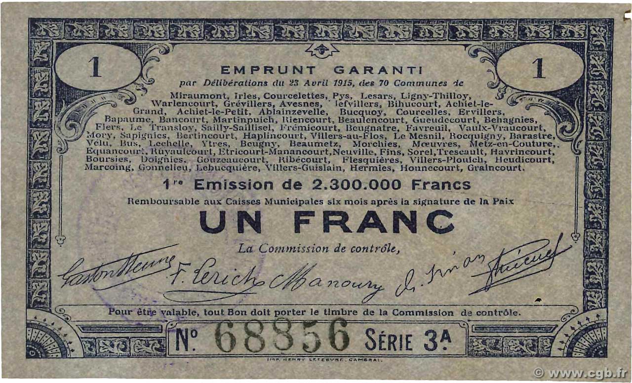 1 Franc FRANCE regionalism and miscellaneous 70 Communes 1915 JP.62-0062 VF