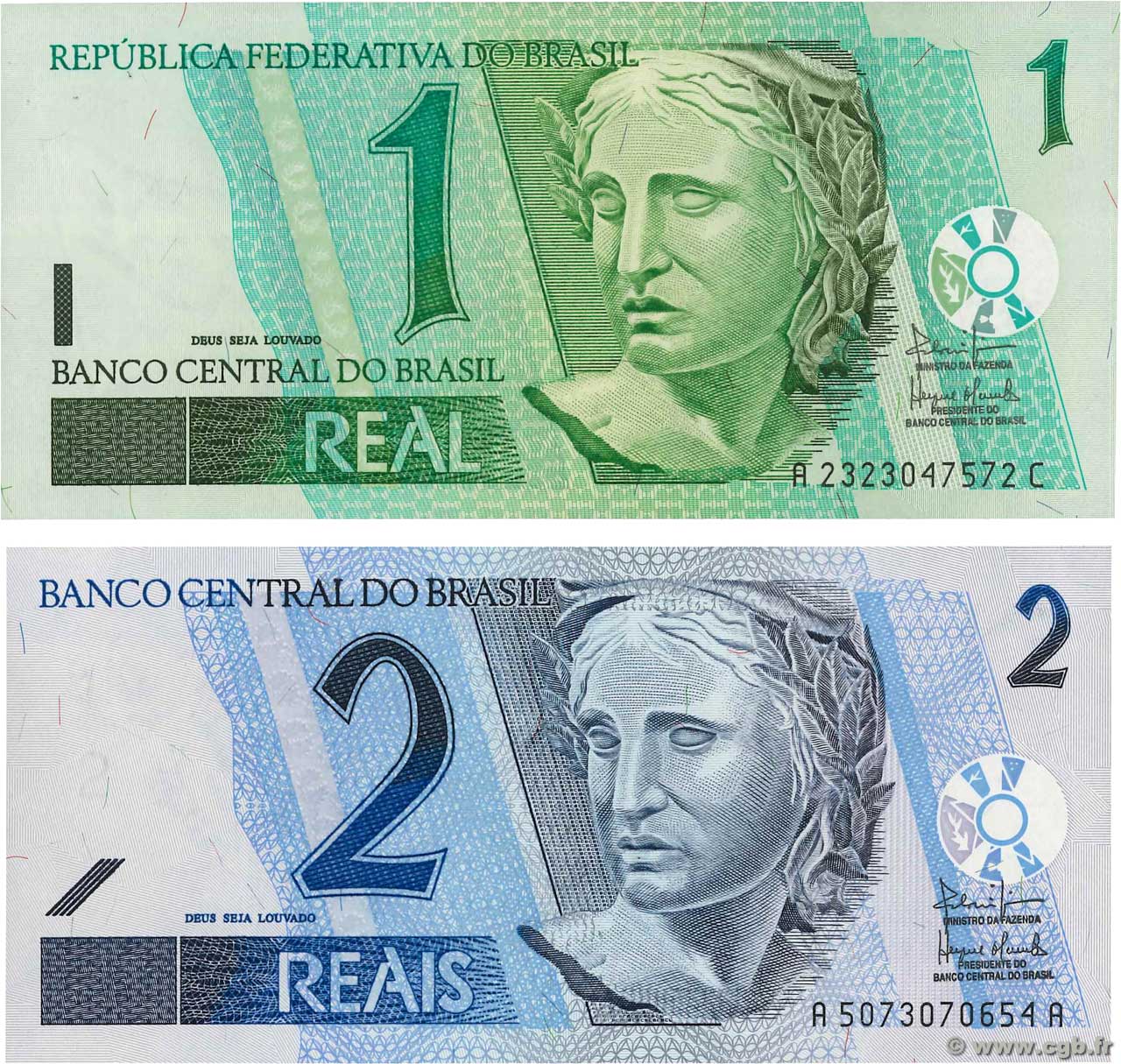 1 et 2 Real Lot BRAZIL  2003 P.249b et P.251a  UNC