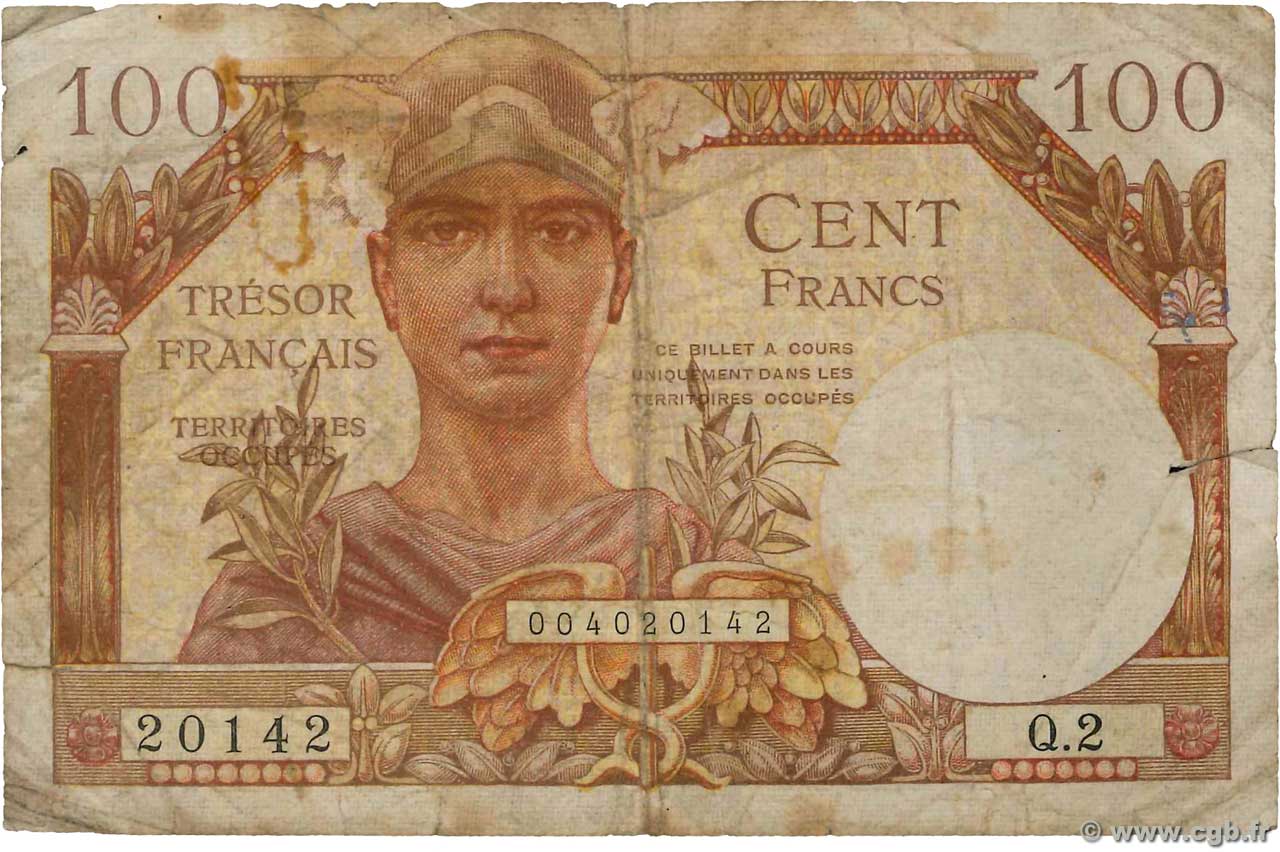 100 Francs TRÉSOR FRANÇAIS FRANKREICH  1947 VF.32.02 SGE