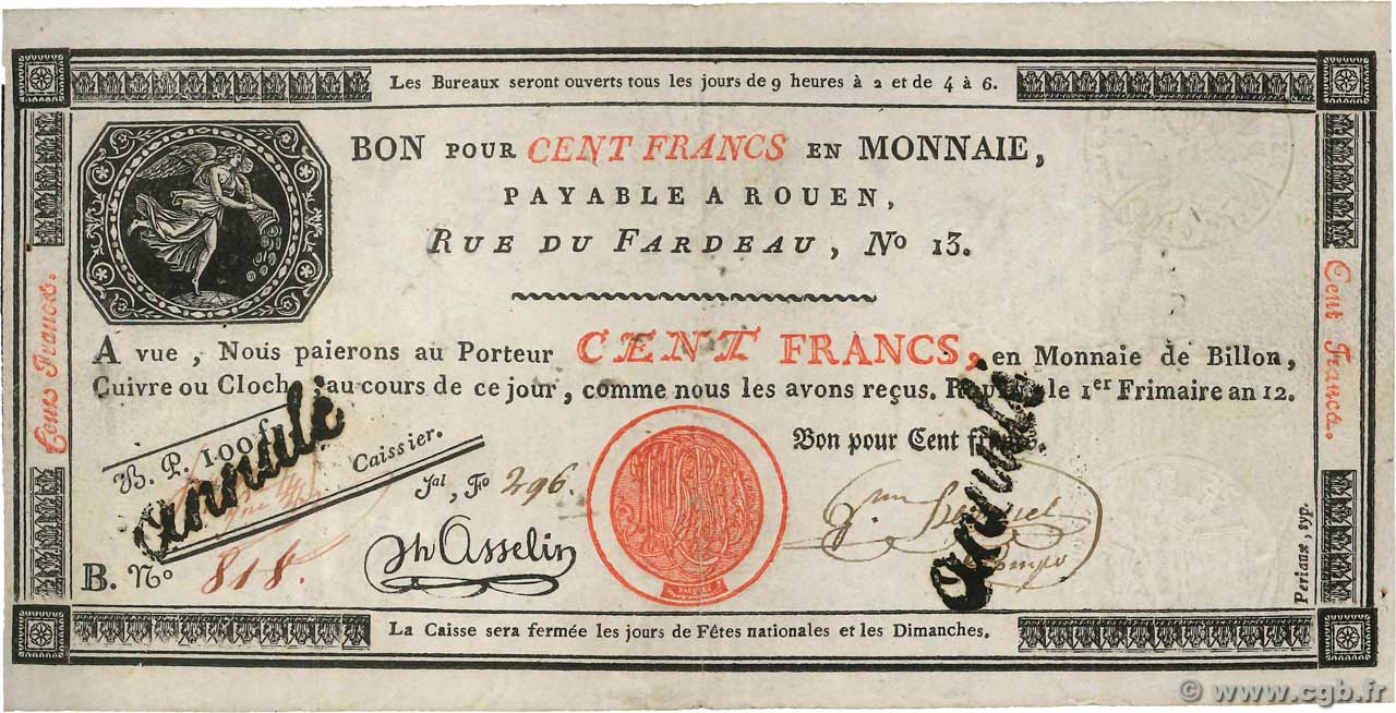 100 Francs Annulé FRANCIA  1803 PS.246b BB
