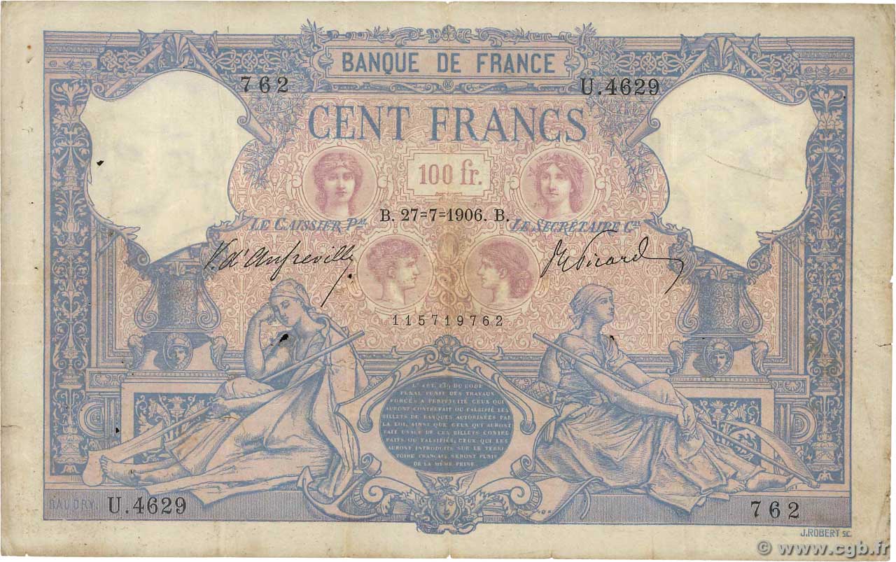 100 Francs BLEU ET ROSE FRANCE  1906 F.21.20 F-