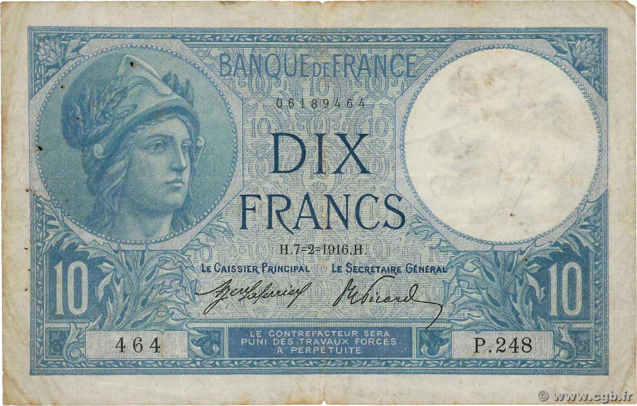 10 Francs MINERVE FRANCE  1916 F.06.01 B+