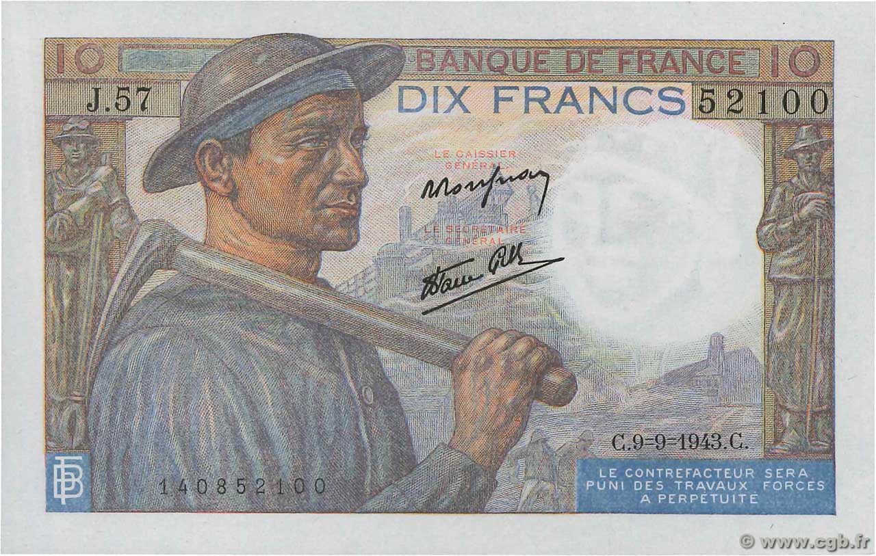 10 Francs MINEUR FRANCE  1943 F.08.09 AU