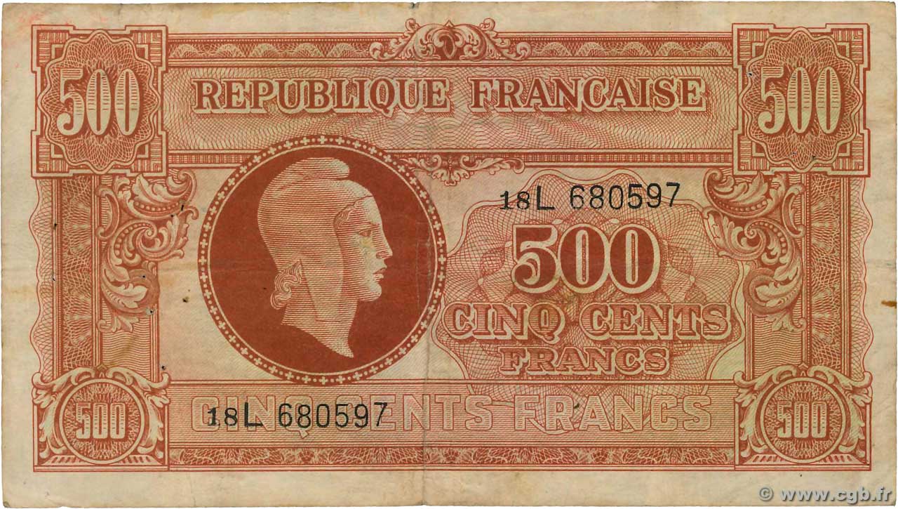 500 Francs MARIANNE fabrication anglaise FRANCIA  1945 VF.11.01 MB