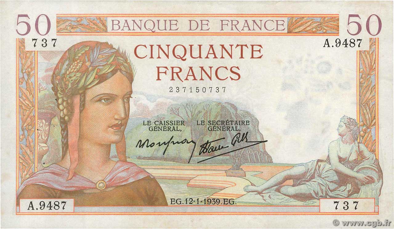 50 Francs CÉRÈS modifié FRANCE  1939 F.18.20 VF+