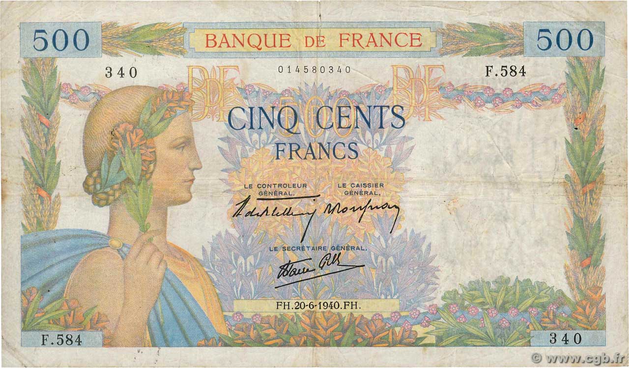 500 Francs LA PAIX FRANCE  1940 F.32.03 TB