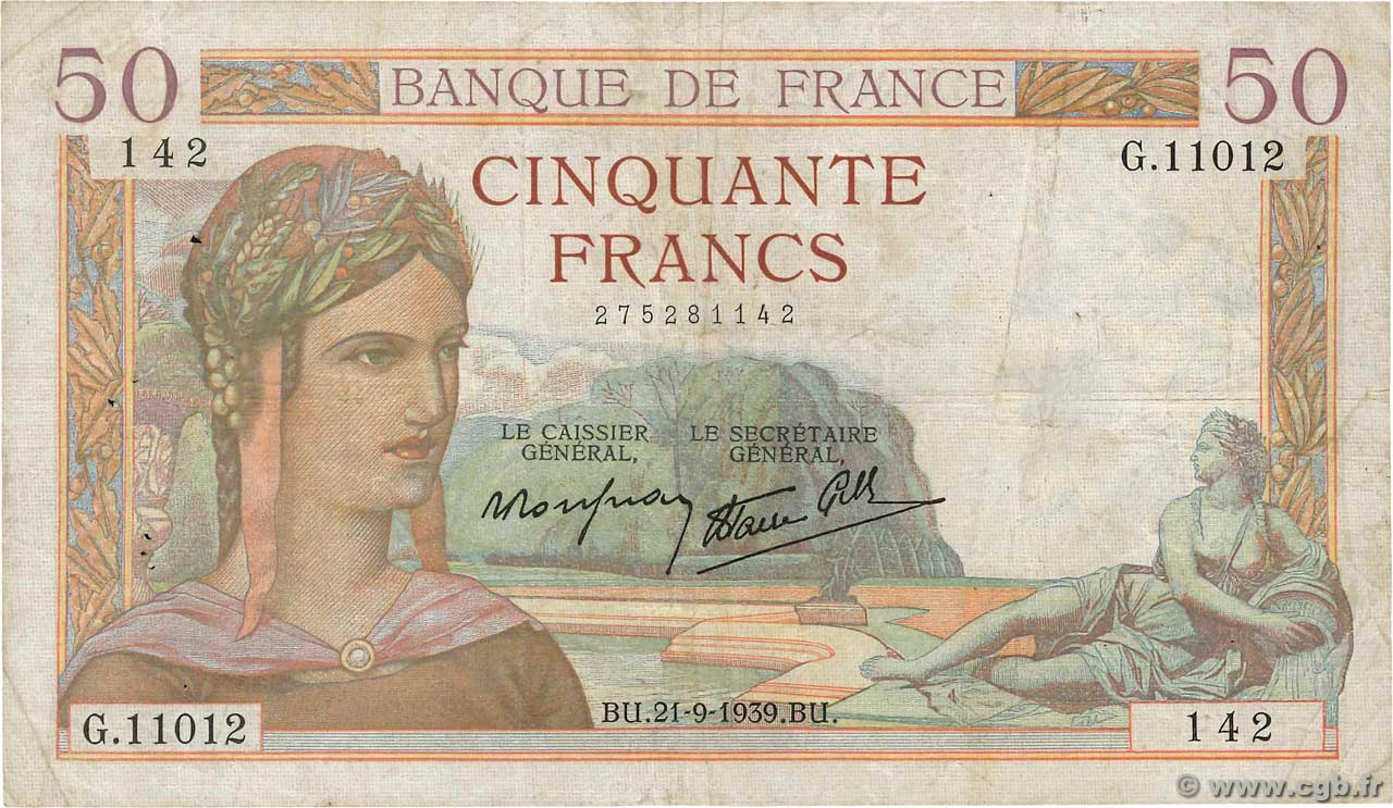 50 Francs CÉRÈS modifié FRANKREICH  1939 F.18.31 S