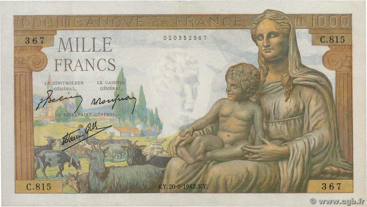 1000 Francs DÉESSE DÉMÉTER FRANCE  1942 F.40.03 XF-