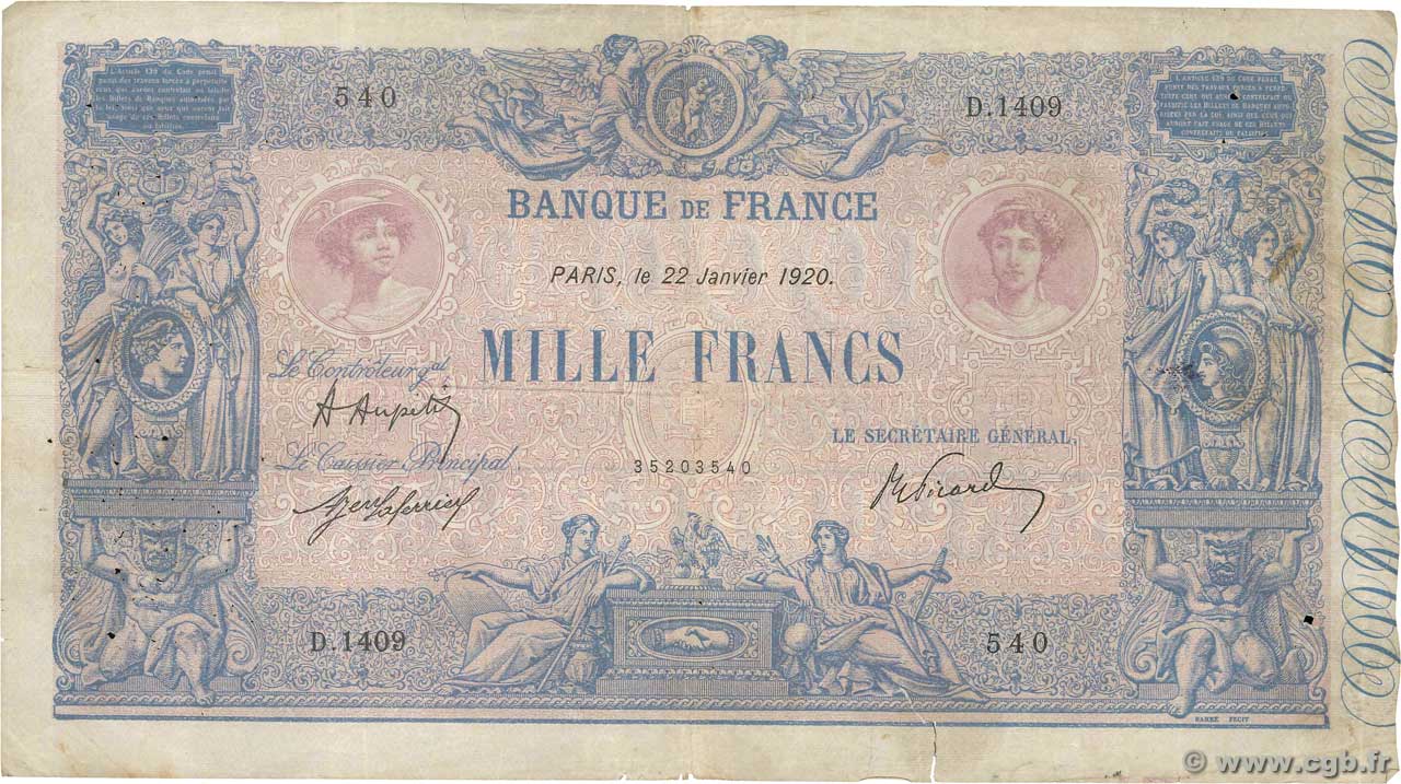 1000 Francs BLEU ET ROSE FRANCE  1920 F.36.35 TB