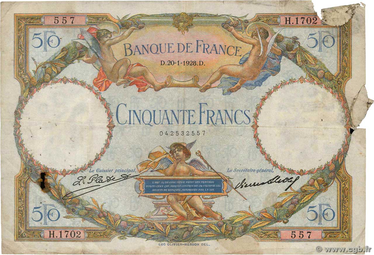 50 Francs LUC OLIVIER MERSON FRANKREICH  1928 F.15.02 fSGE