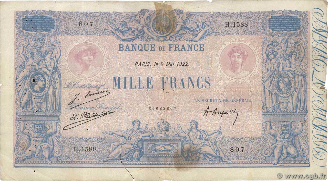 1000 Francs BLEU ET ROSE FRANCE  1922 F.36.38 B