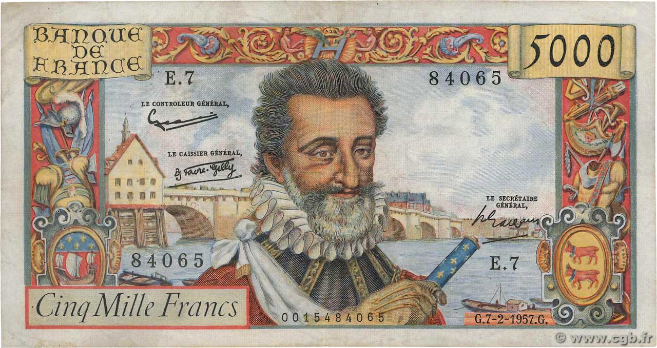 5000 Francs HENRI IV FRANCE  1957 F.49.01 pr.TTB