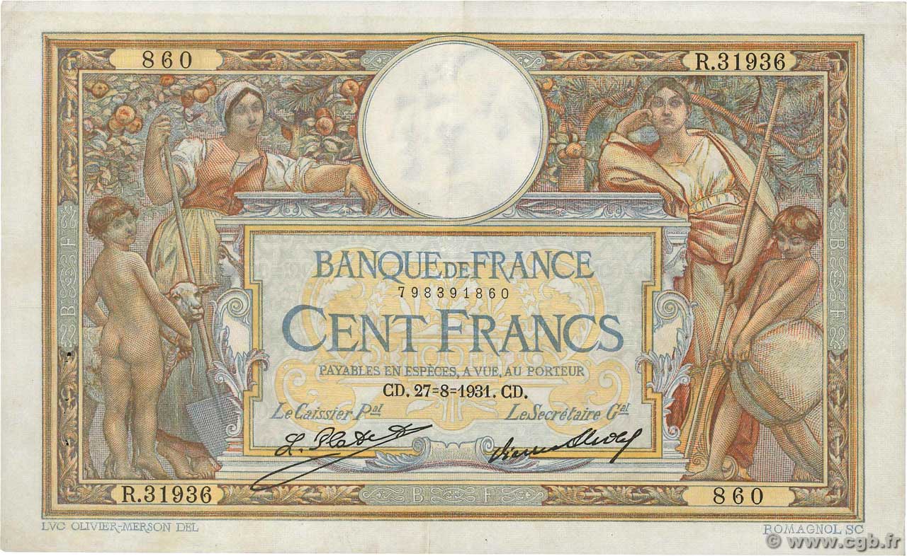100 Francs LUC OLIVIER MERSON grands cartouches FRANCE  1931 F.24.10 pr.SUP