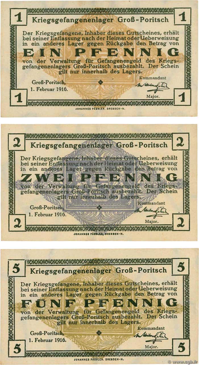 1, 2 et 5 Pfennig Lot ALLEMAGNE Gross-Poritsch 1916  SUP à SPL