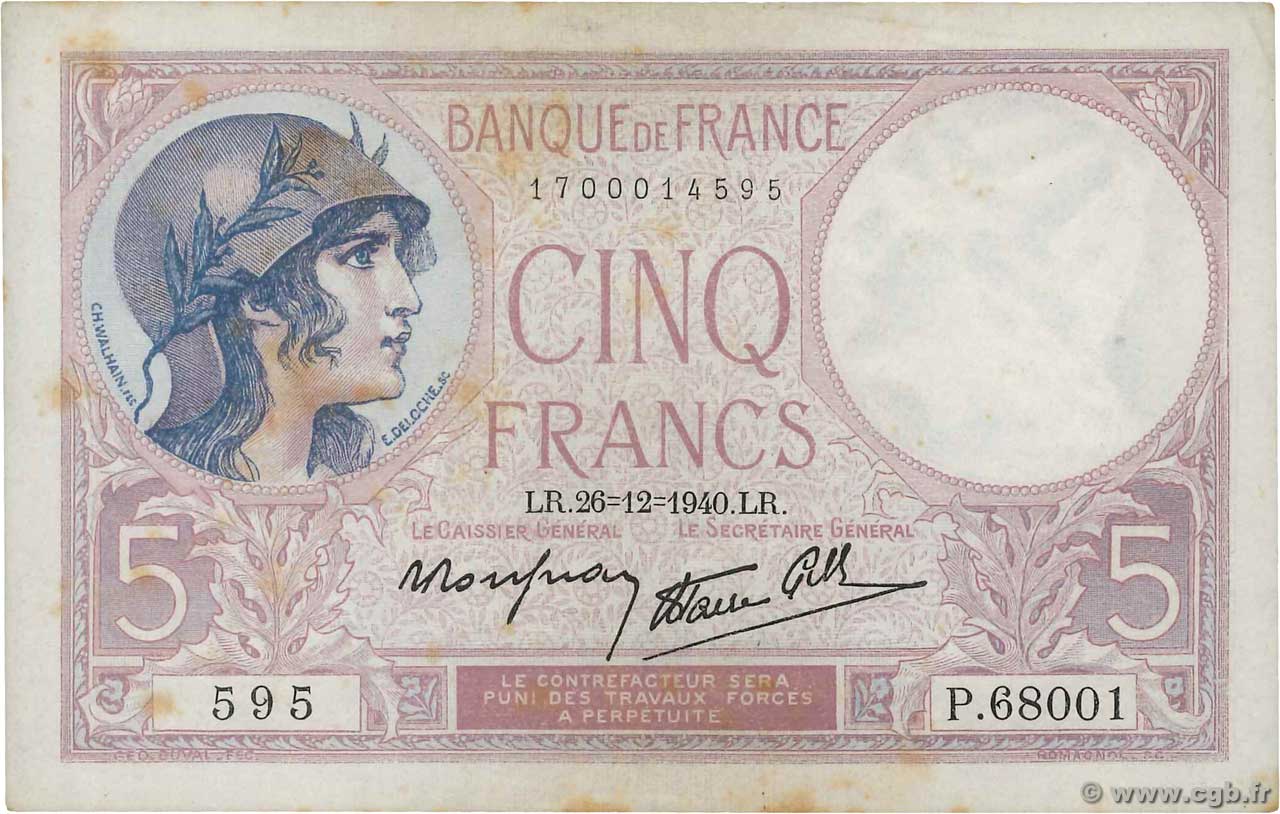 5 Francs FEMME CASQUÉE modifié FRANKREICH  1940 F.04.18 S