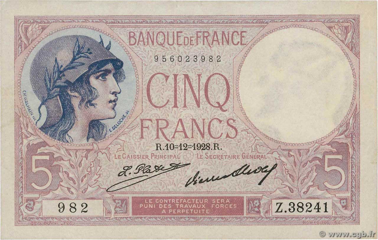 5 Francs FEMME CASQUÉE FRANKREICH  1928 F.03.12 SS