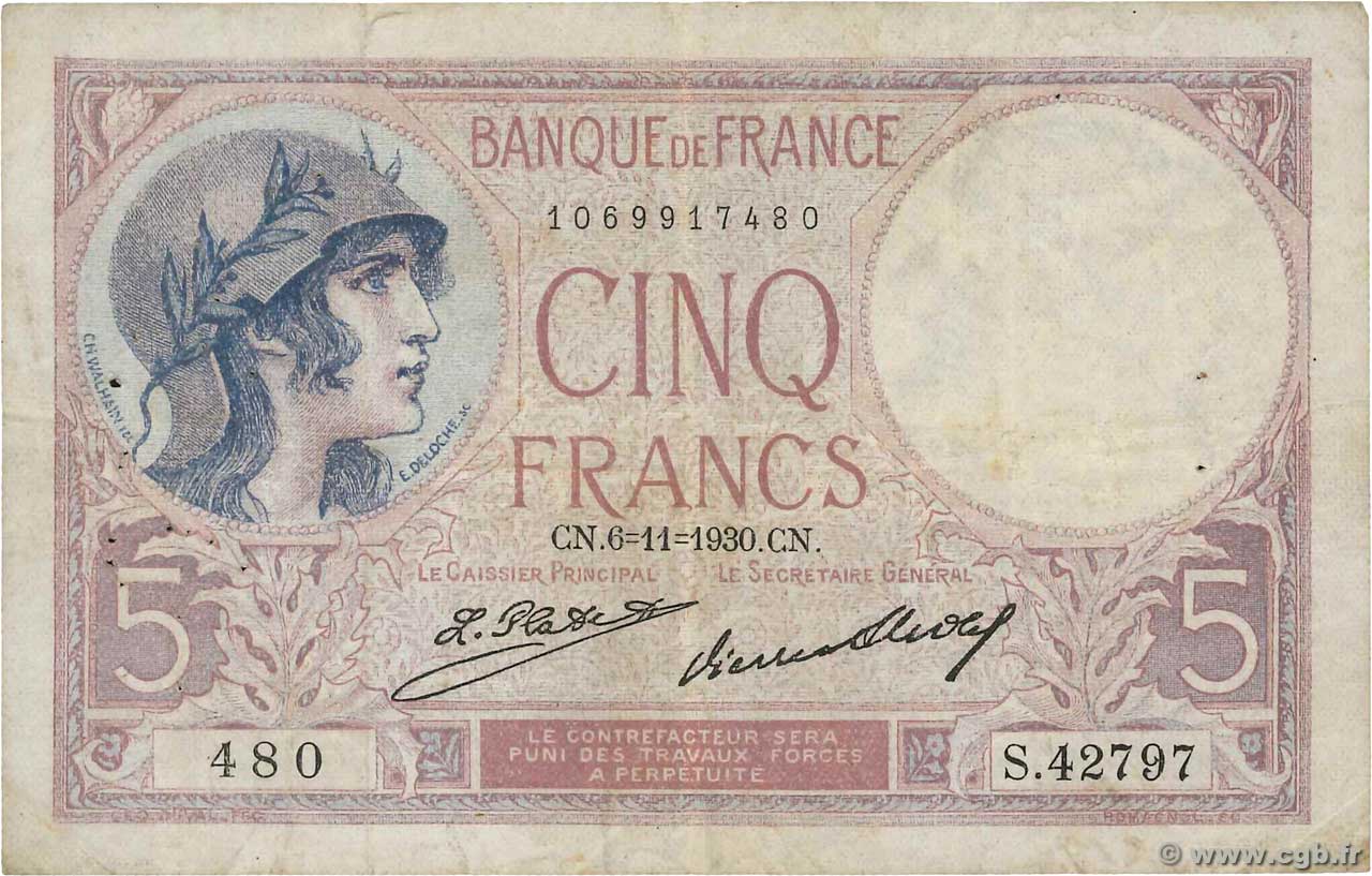 5 Francs FEMME CASQUÉE FRANKREICH  1930 F.03.14 fS