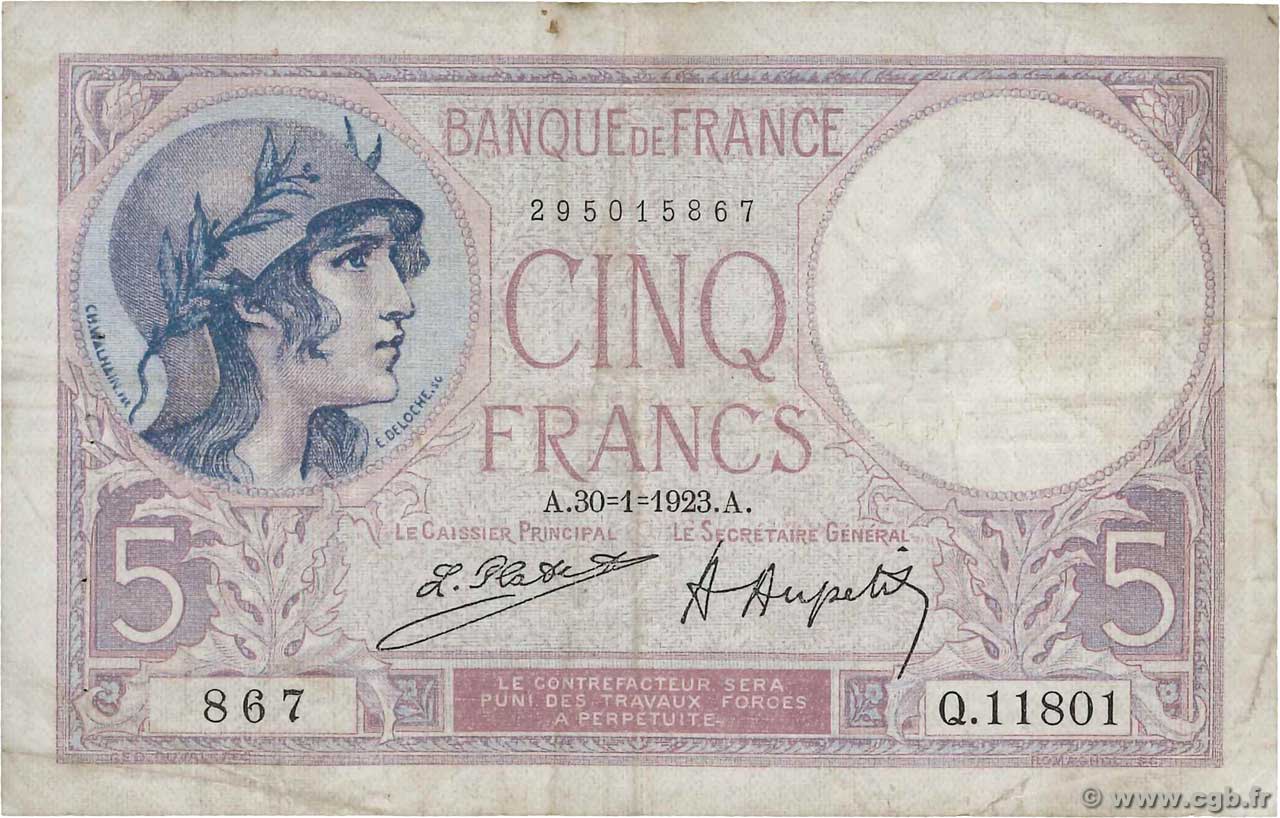 5 Francs FEMME CASQUÉE FRANCE  1923 F.03.07 TB