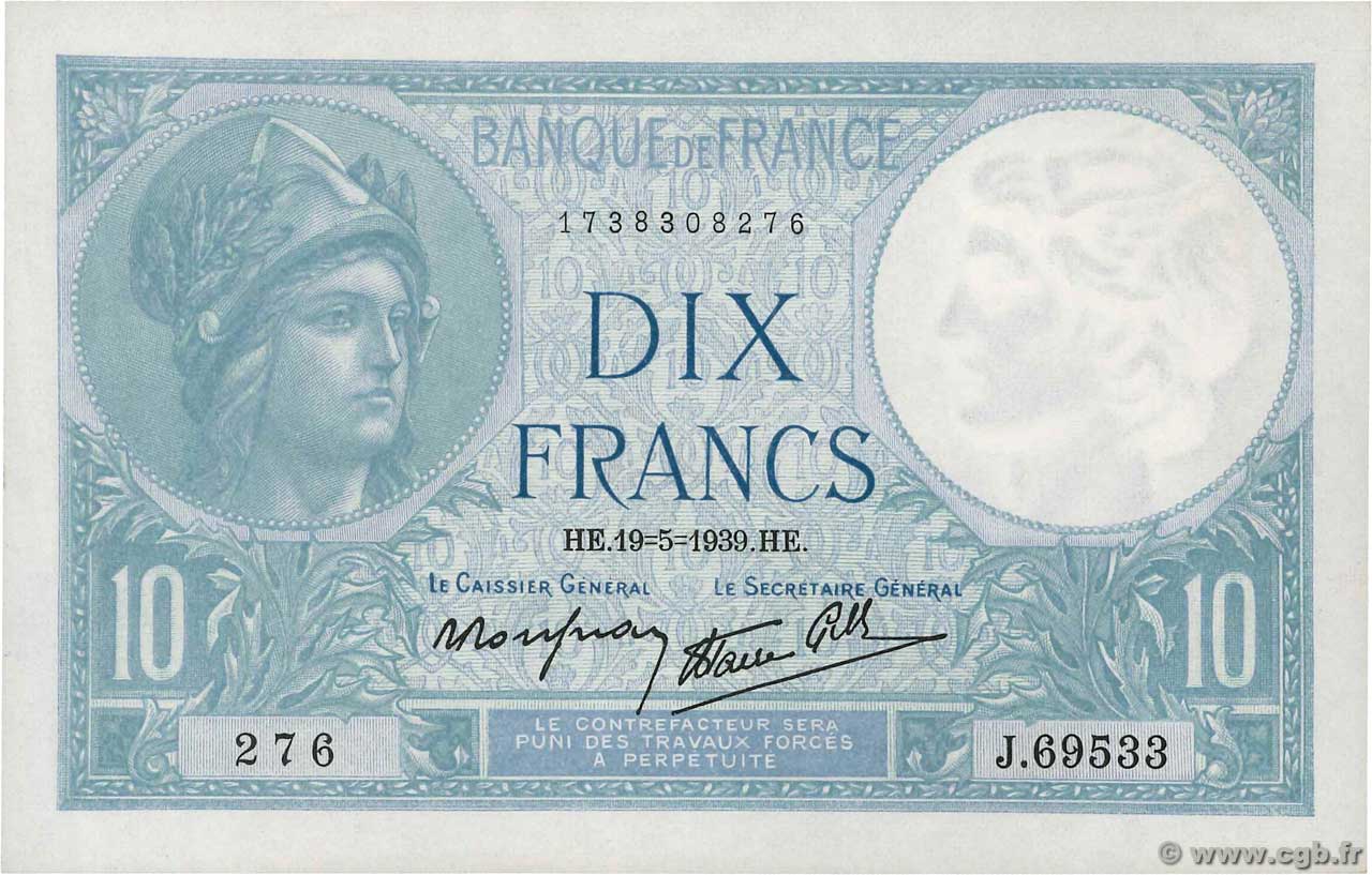 10 Francs MINERVE modifié FRANCE  1939 F.07.03 AU+