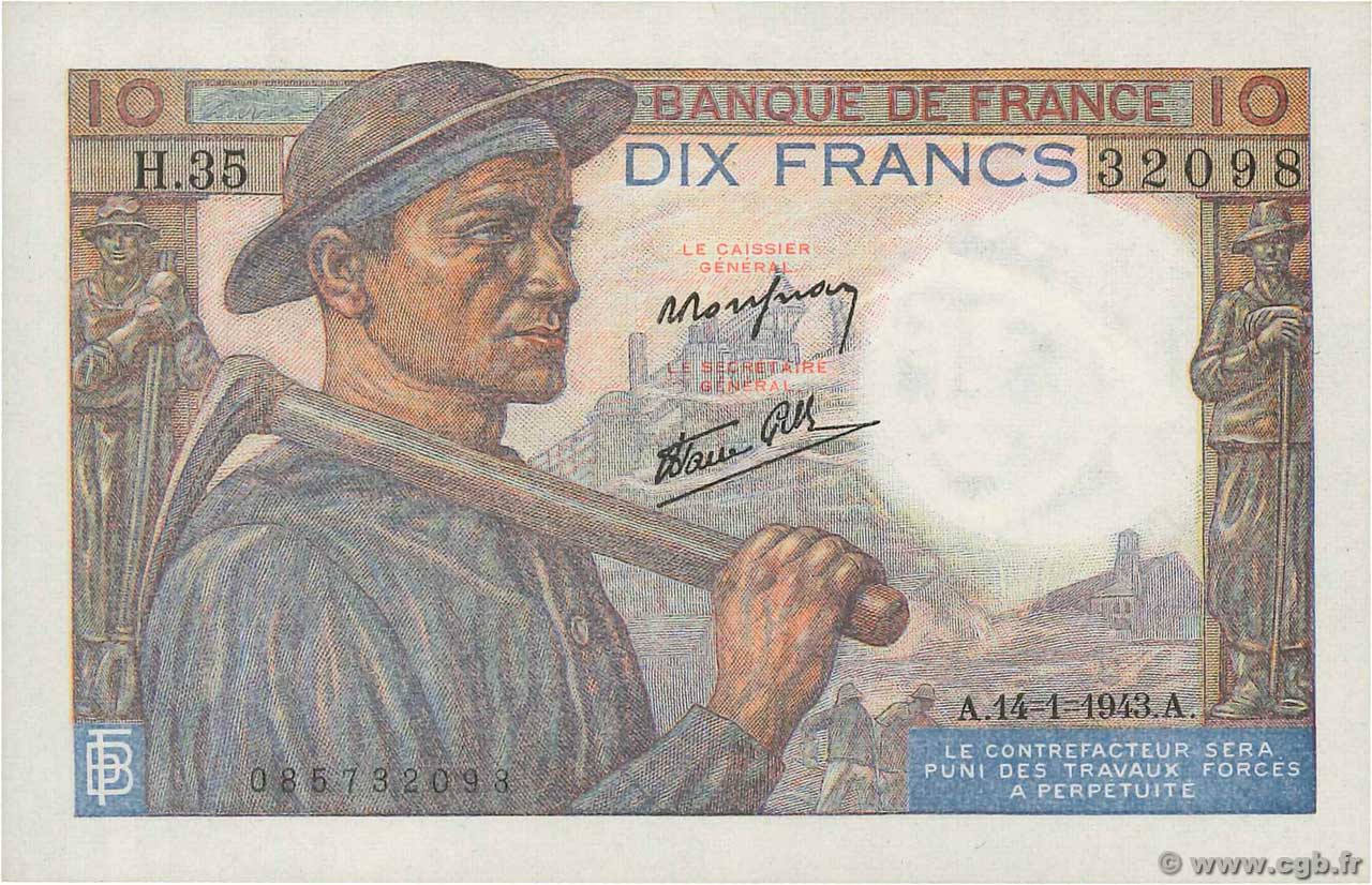 10 Francs MINEUR FRANCIA  1943 F.08.07 AU+