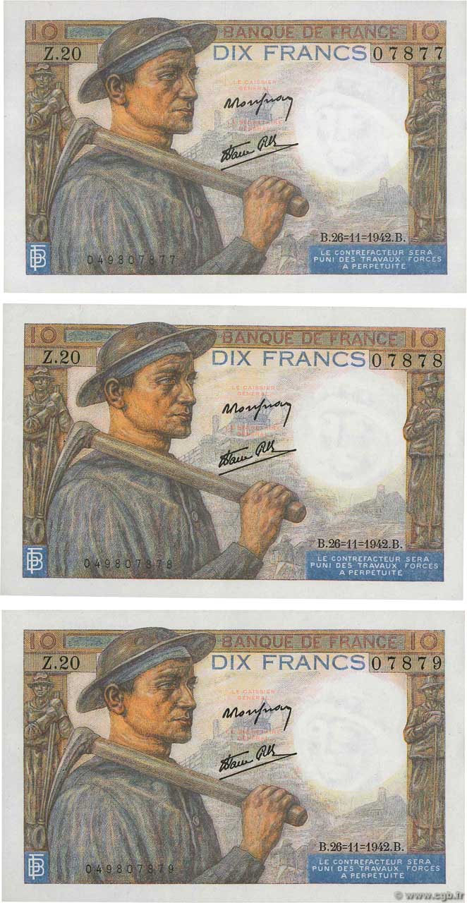 10 Francs MINEUR Consécutifs FRANCE  1942 F.08.06 SUP