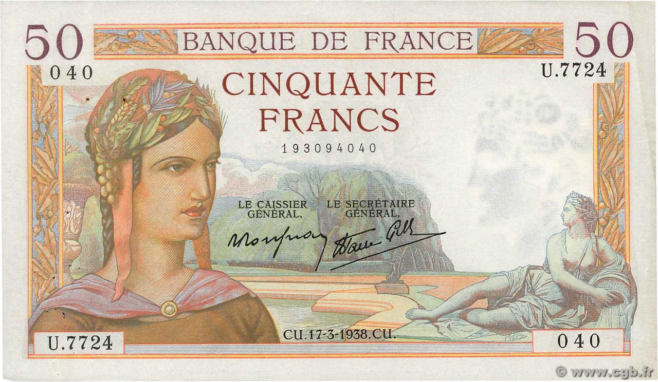 50 Francs CÉRÈS modifié FRANCE  1938 F.18.10 TTB