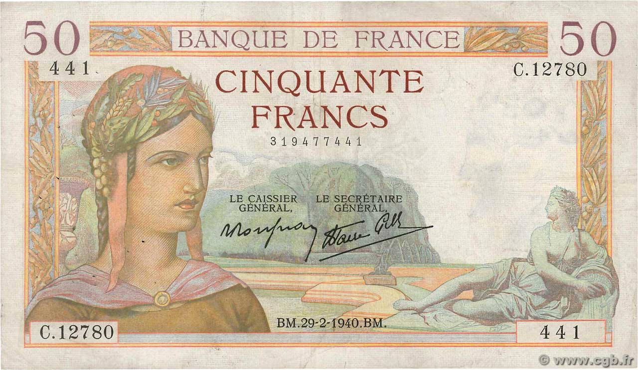 50 Francs CÉRÈS modifié FRANCE  1940 F.18.40 TB