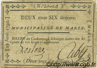 2 Sous 6 Deniers FRANCE regionalism and various Marle 1792 Kc.02.114 VF