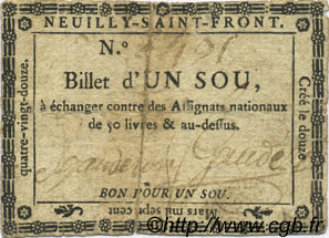 1 Sou FRANCE regionalism and miscellaneous Neuilly Saint Front 1792 Kc.02.140 F+