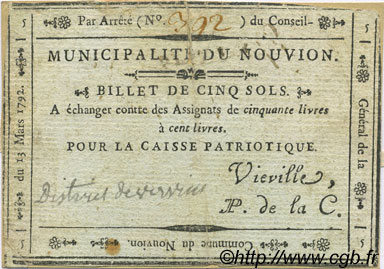 5 Sols FRANCE regionalism and miscellaneous Le Nouvion 1792 Kc.02.159 VF