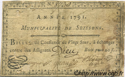 20 Sous FRANCE Regionalismus und verschiedenen Soissons 1791 Kc.02.194 S