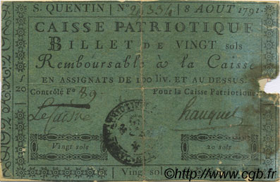 20 sols FRANCE Regionalismus und verschiedenen Saint Quentin 1791 Kc.02.204 S
