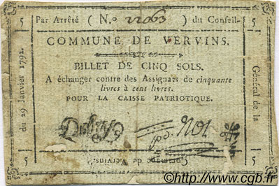 5 Sols FRANCE Regionalismus und verschiedenen Vervins 1792 Kc.02.238 fSS