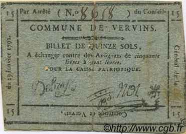 15 Sols FRANCE Regionalismus und verschiedenen Vervins 1792 Kc.02.240 SS