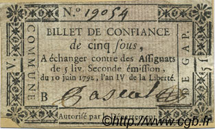 5 Sous FRANCE regionalism and miscellaneous Gap 1792 Kc.05.020 VF+