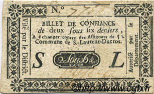 2 Sous 6 Deniers FRANCE Regionalismus und verschiedenen Saint Laurent Ducros 1792 Kc.05.041 fVZ
