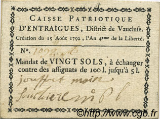 20 Sols FRANCE regionalism and miscellaneous Entraigues 1792 Kc.13.049a VF+