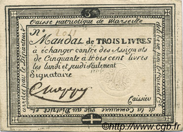 3 Livres FRANCE Regionalismus und verschiedenen Marseille 1792 Kc.13.090 SS