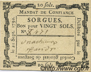 20 Sols FRANCE regionalism and miscellaneous Sorgues 1792 Kc.13.129a XF