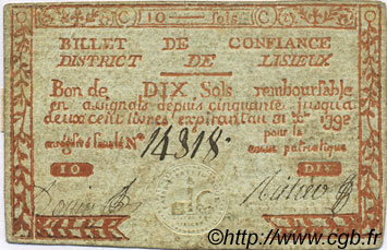 10 Sols FRANCE regionalism and miscellaneous Lisieux 1792 Kc.14.102 VF