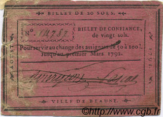 20 Sols FRANCE regionalism and various Beaune 1791 Kc.21.002 VF-