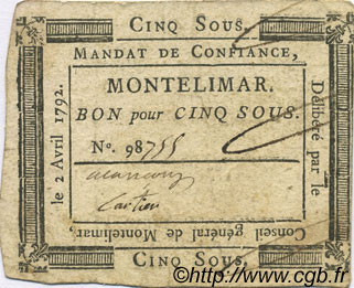 5 Sous FRANCE regionalism and various Montelimar 1792 Kc.26.105 VF