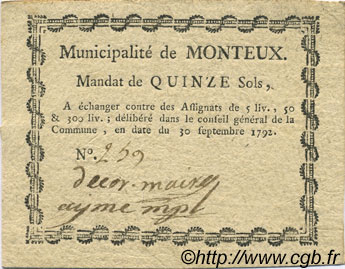 15 Sols FRANCE regionalism and miscellaneous Monteux 1792 Kc.26.107a VF