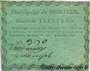 30 Sols FRANCE Regionalismus und verschiedenen Monteux 1792 Kc.26.109 VZ