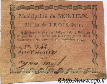 3 Livres FRANCE regionalism and miscellaneous Monteux 1792 Kc.26.110 VF+