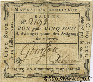 5 Sous FRANCE regionalism and miscellaneous Salles 1792 Kc.26.166 VF
